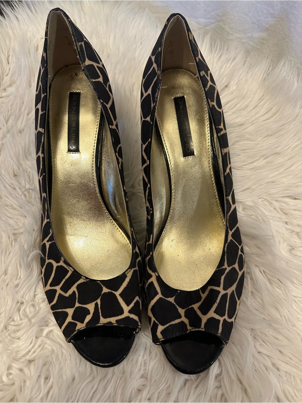 Bandolino Giraffe Print Peep Toe Pumps Black Tan Animal Print Heels size 10